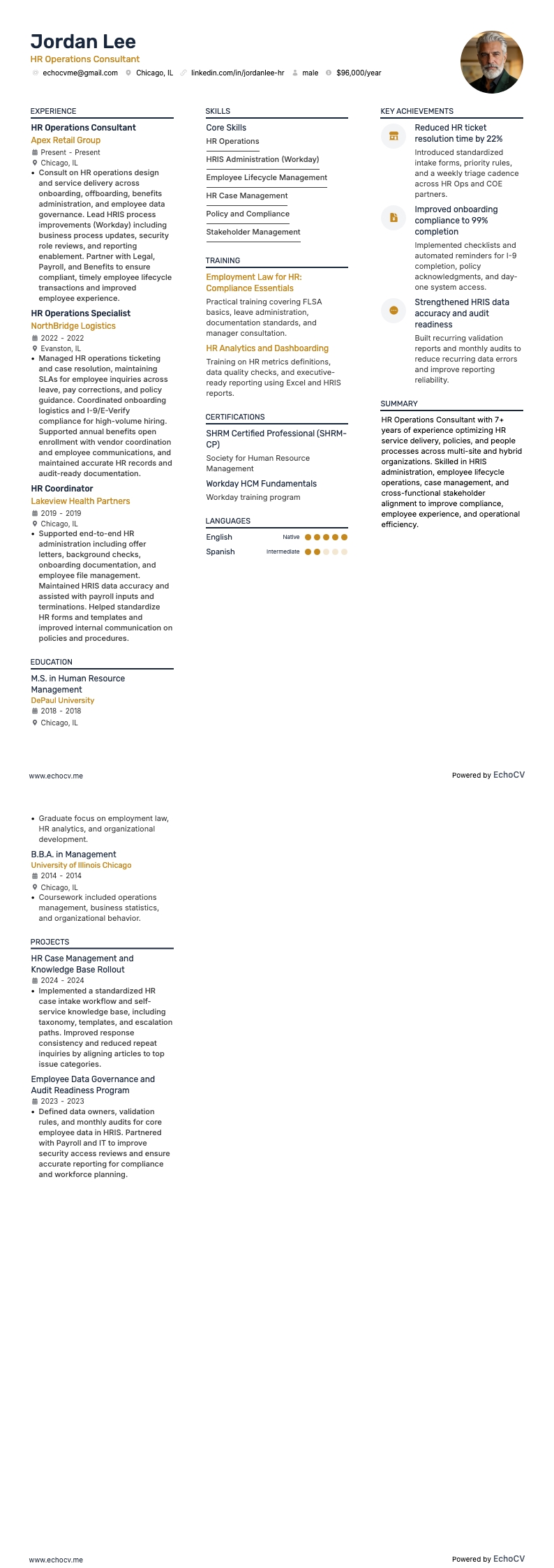 Consulente delle risorse umane resume example