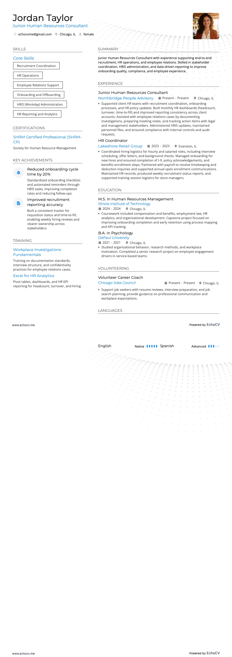 Junior Human Resources Consultant example resume