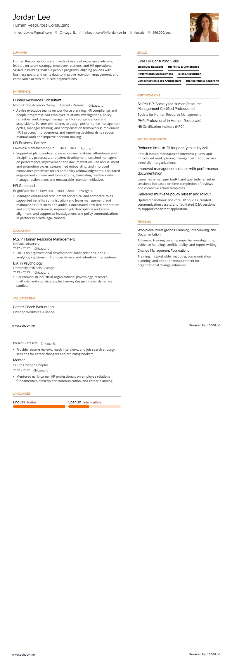 Human Resources Consultant example resume