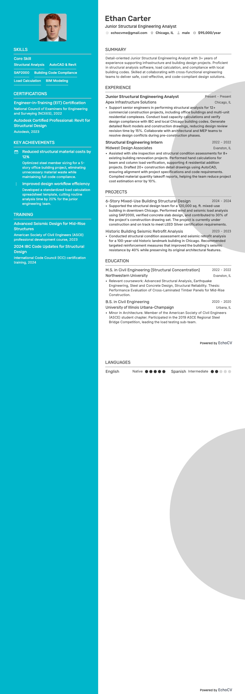 Junior Structural Engineering Analyst example resume