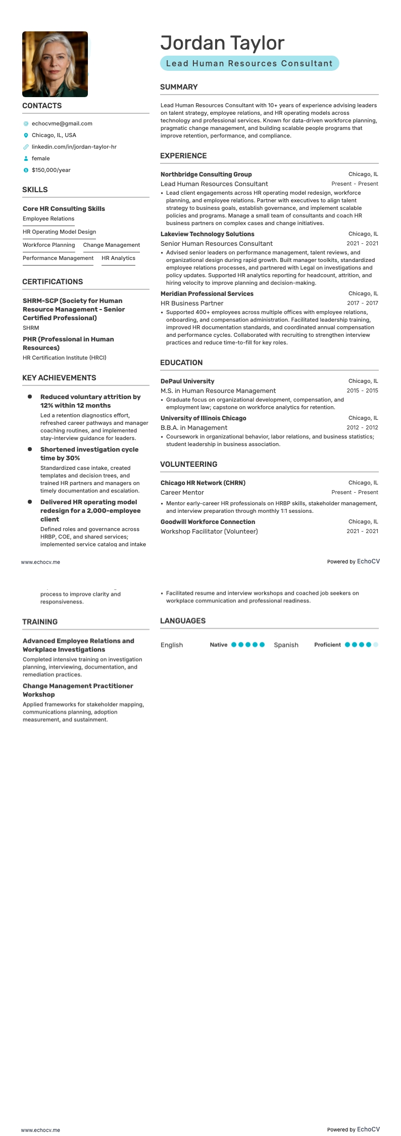 Human Resources Consultant resume example