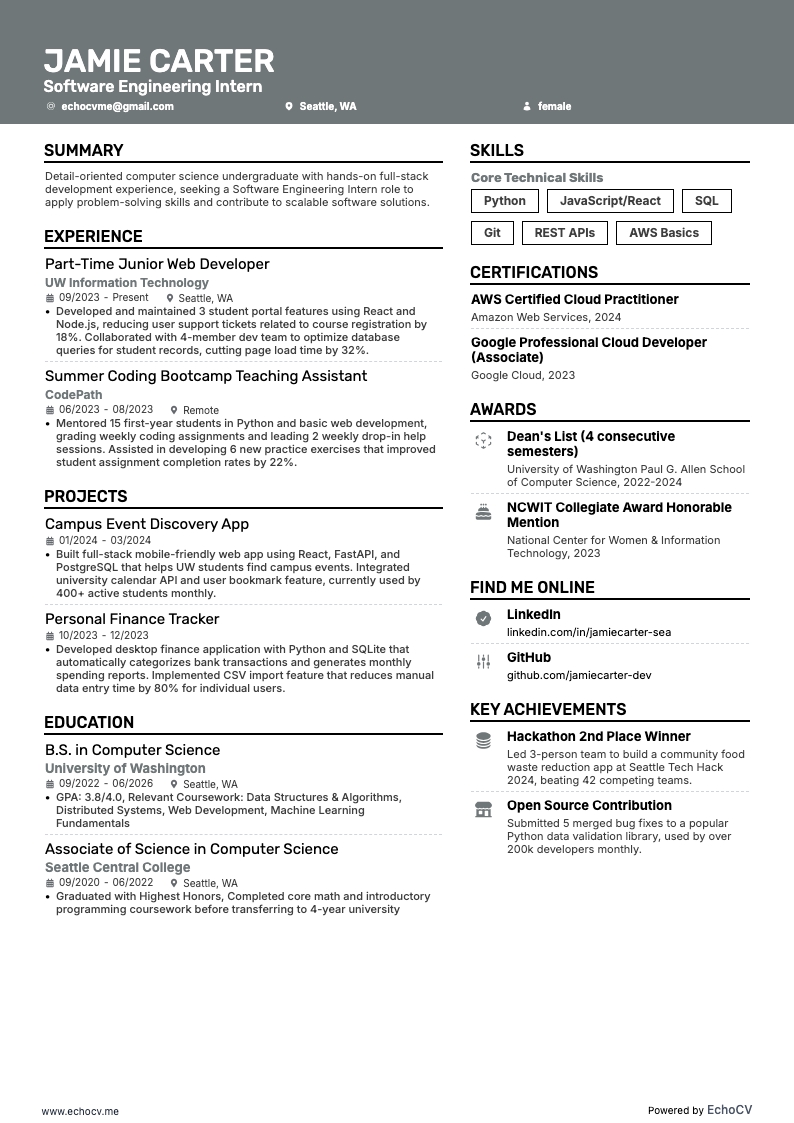 Software Engineering Intern example resume