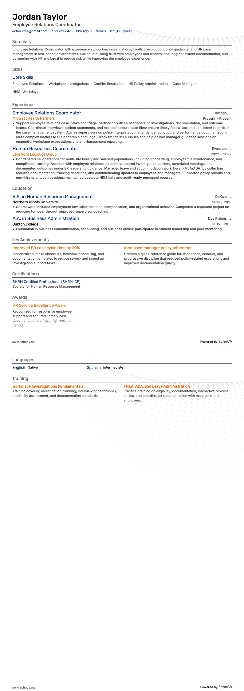 인사 코디네이터 resume example