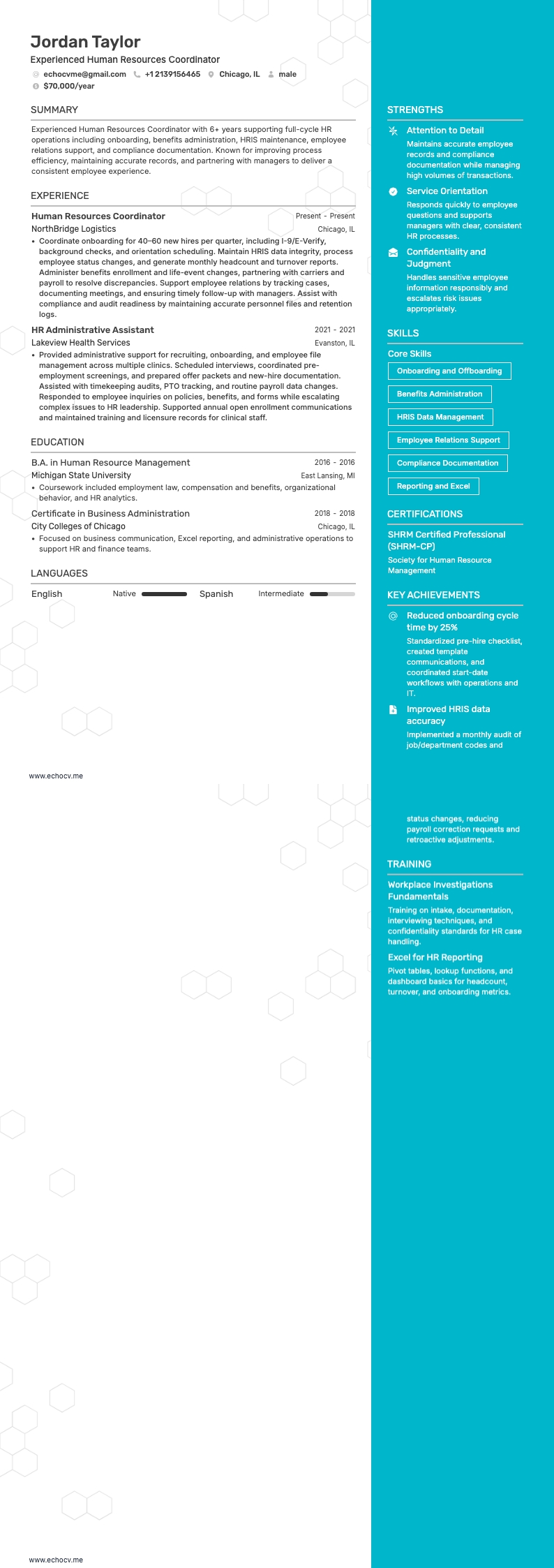 経験豊富な人事コーディネーター example resume