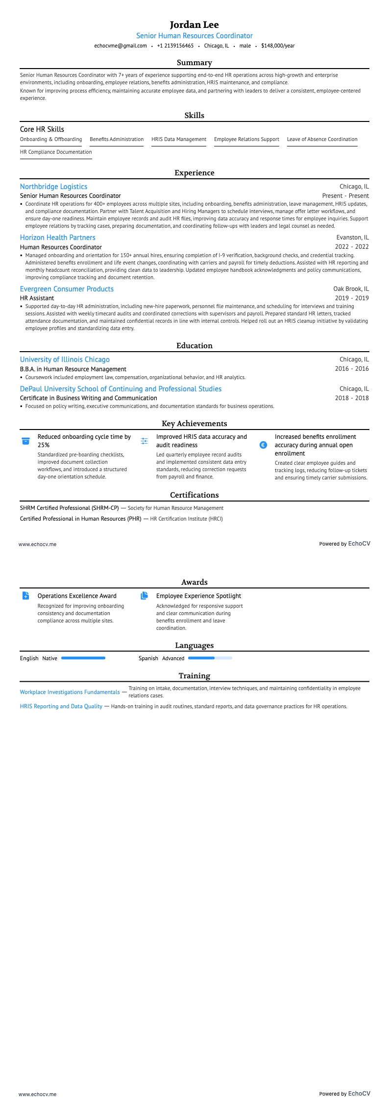 人事コーディネーター resume example