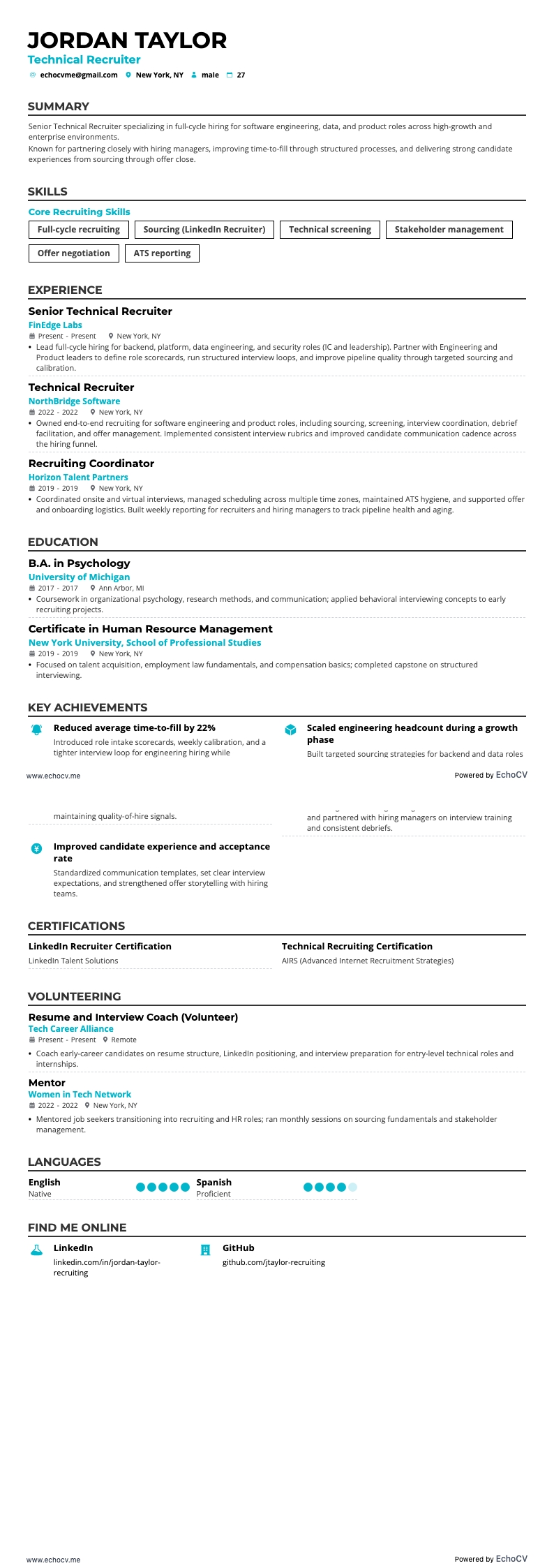 Chuyên viên tuyển dụng cấp cao resume example