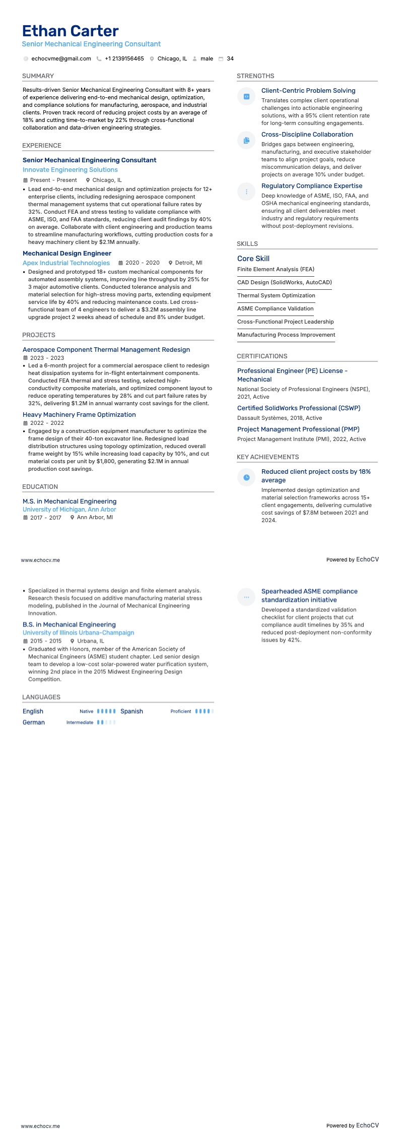 Senior Mechanical Engineering Consultant example resume