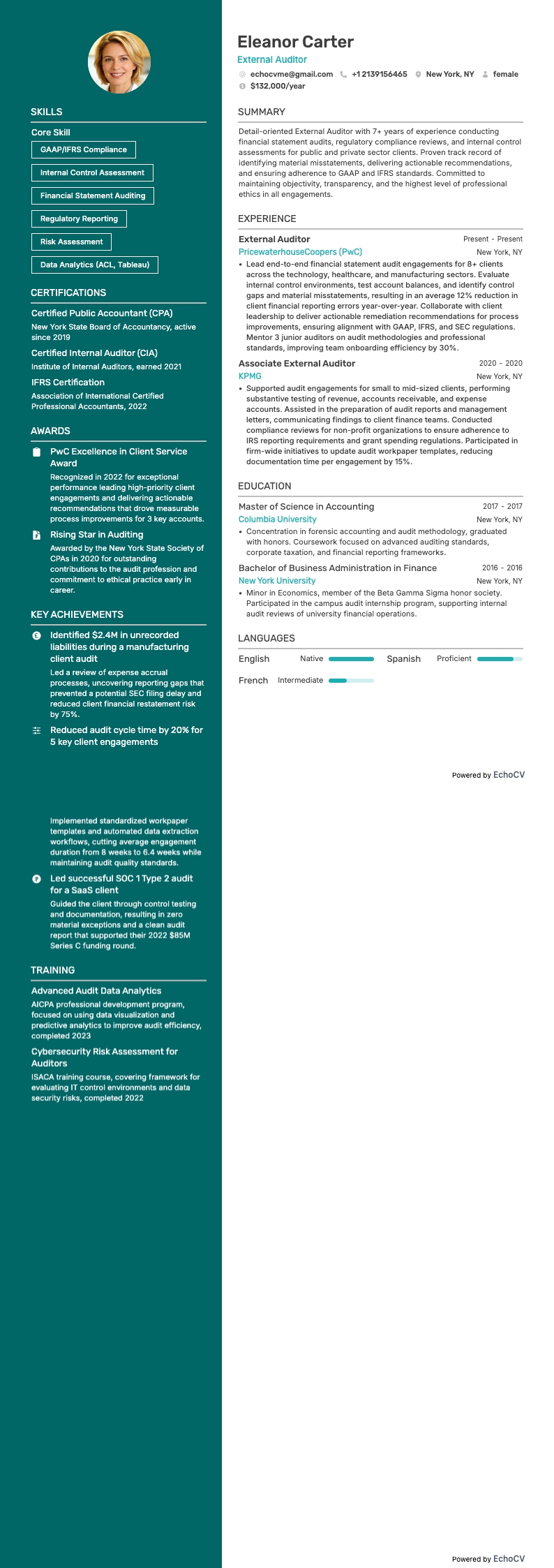Auditeur externe example resume