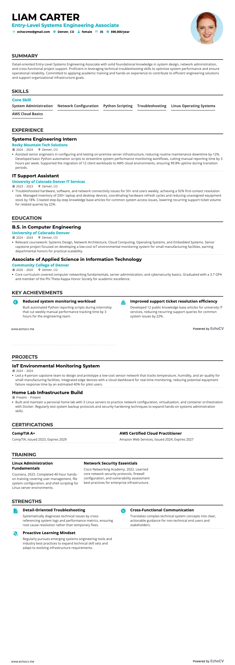 Entry-Level Systems Engineering Associate example resume