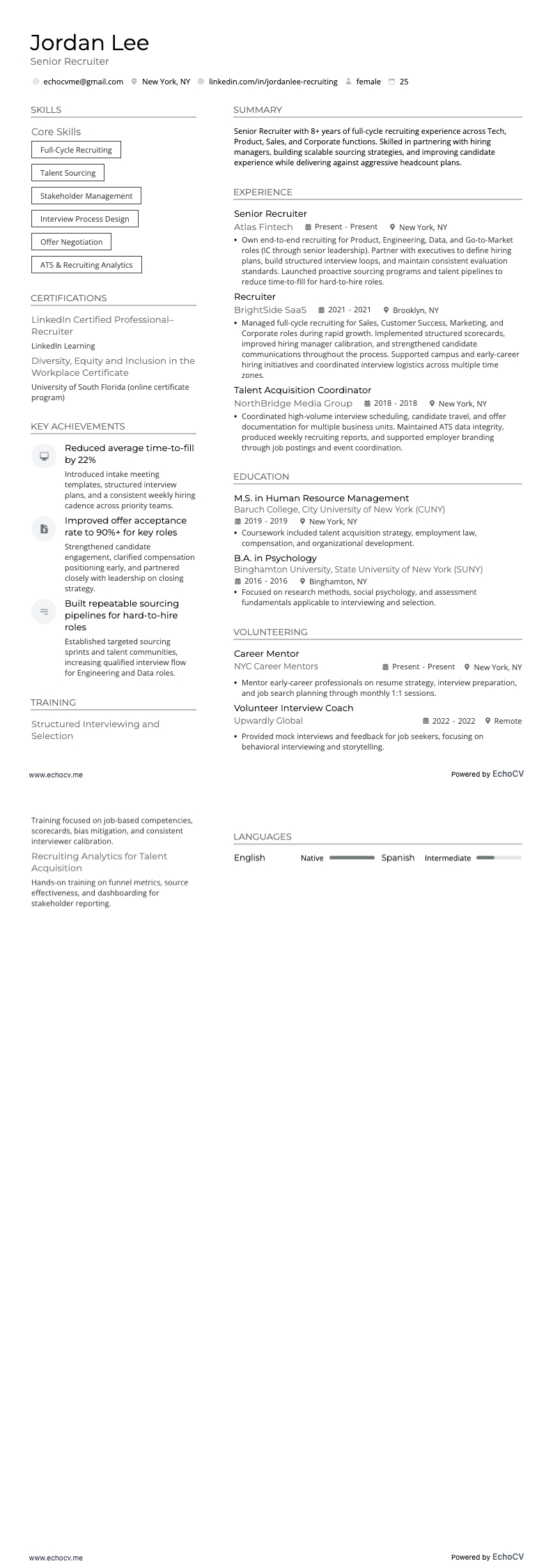 Chuyên viên tuyển dụng cấp cao example resume