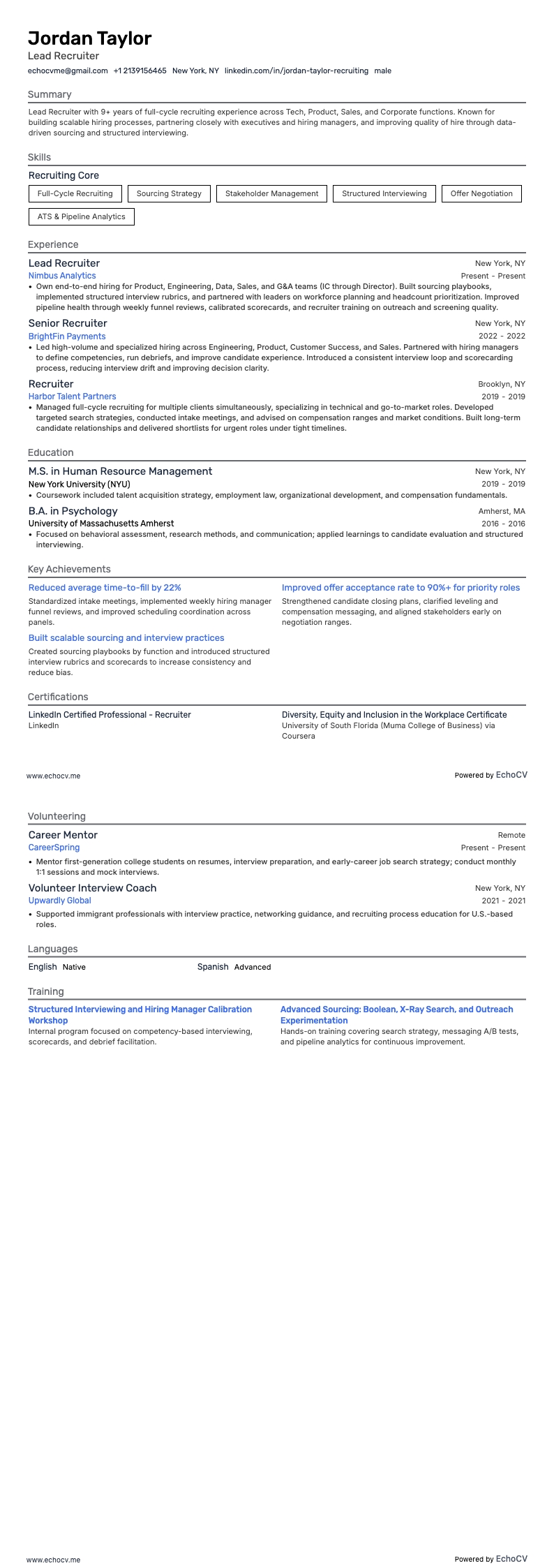 Trưởng nhóm tuyển dụng example resume