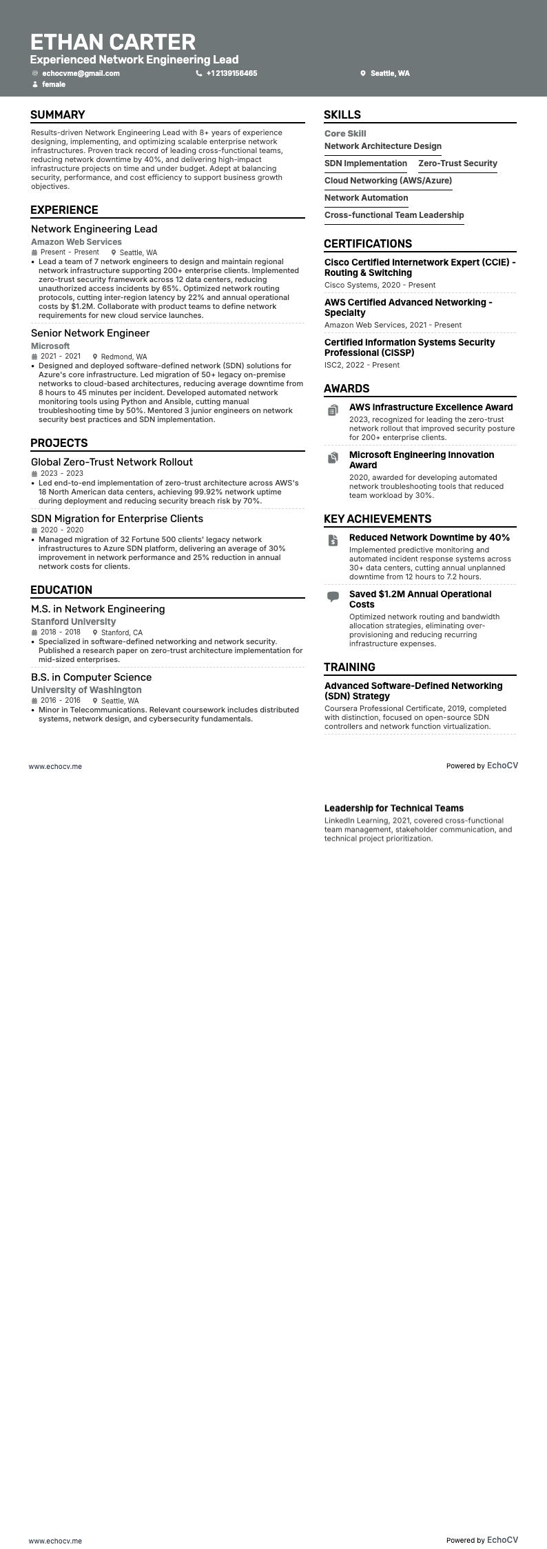 Experienced Network Engineering Lead example resume