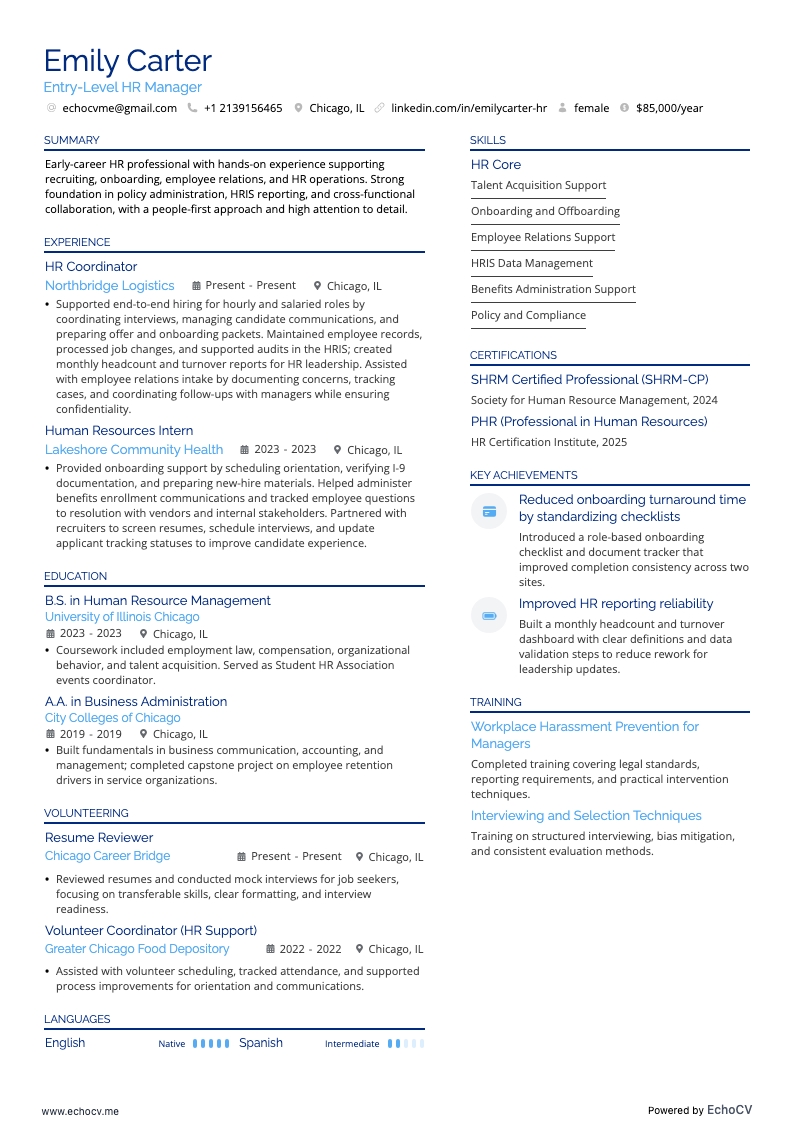 인사 매니저 resume example