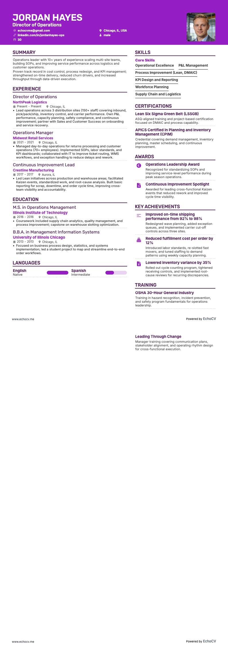 Operationeel directeur resume example