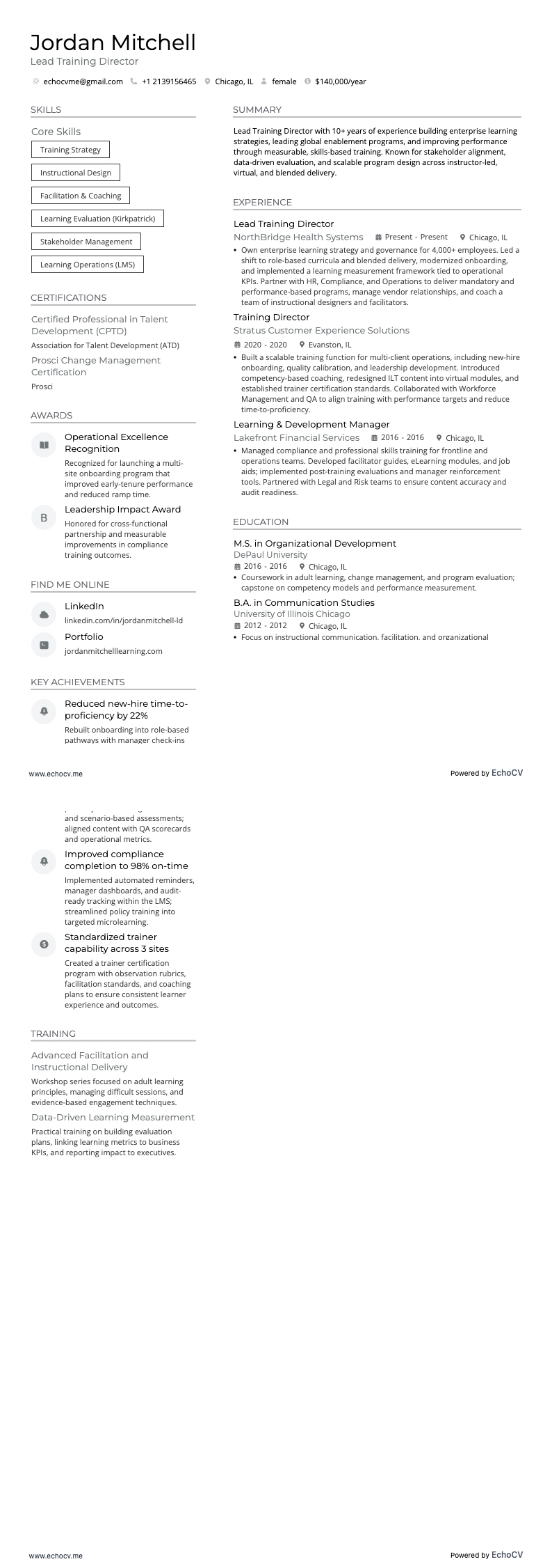 Diretor de Treinamento resume example