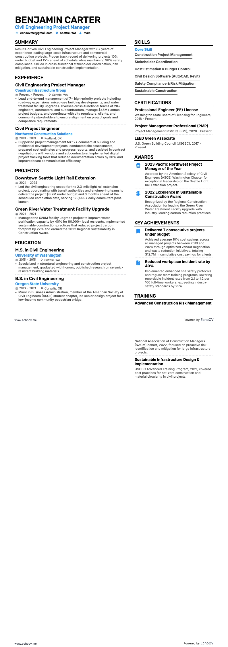 Civil Engineering Project Manager example resume