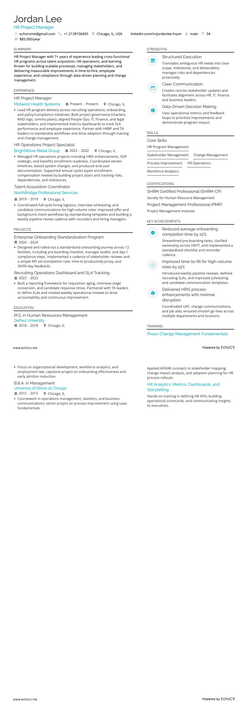 Gerente de Projetos de RH example resume