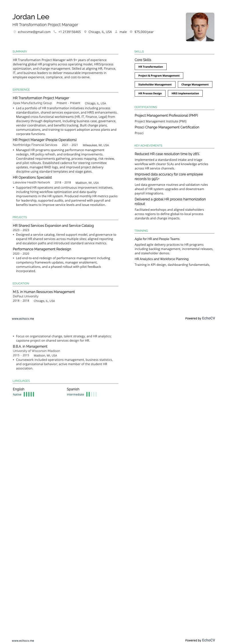 Gerente de Projeto de Transformação de RH example resume