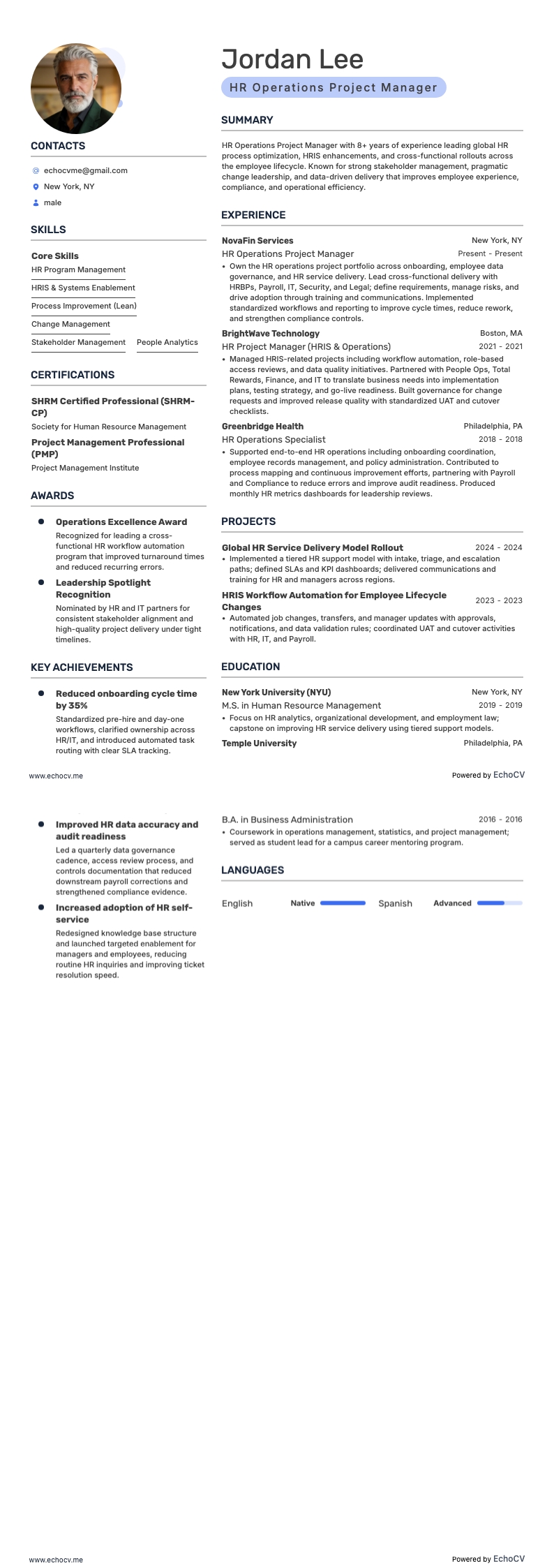 Gerente de Projetos de RH resume example