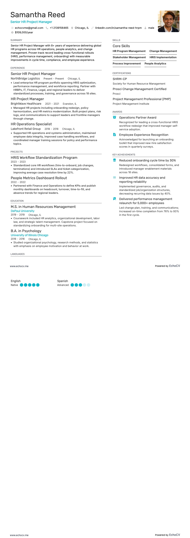 Gerente sénior de projetos de RH example resume