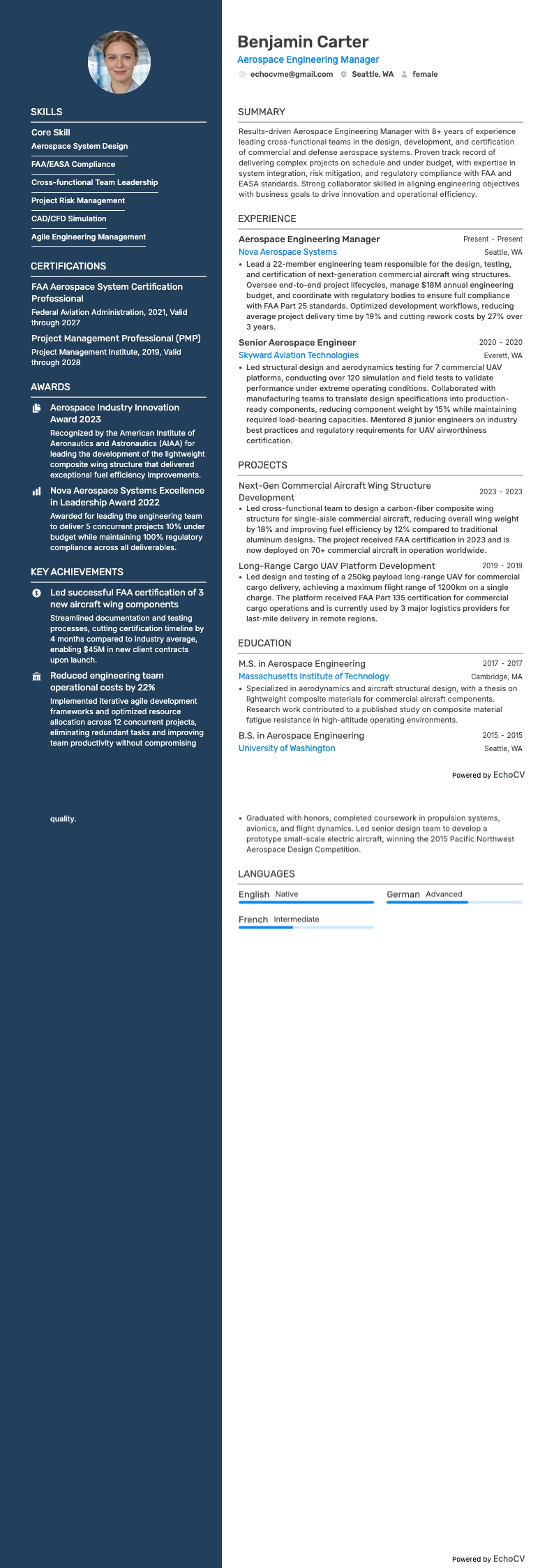 Aerospace Engineering Manager example resume