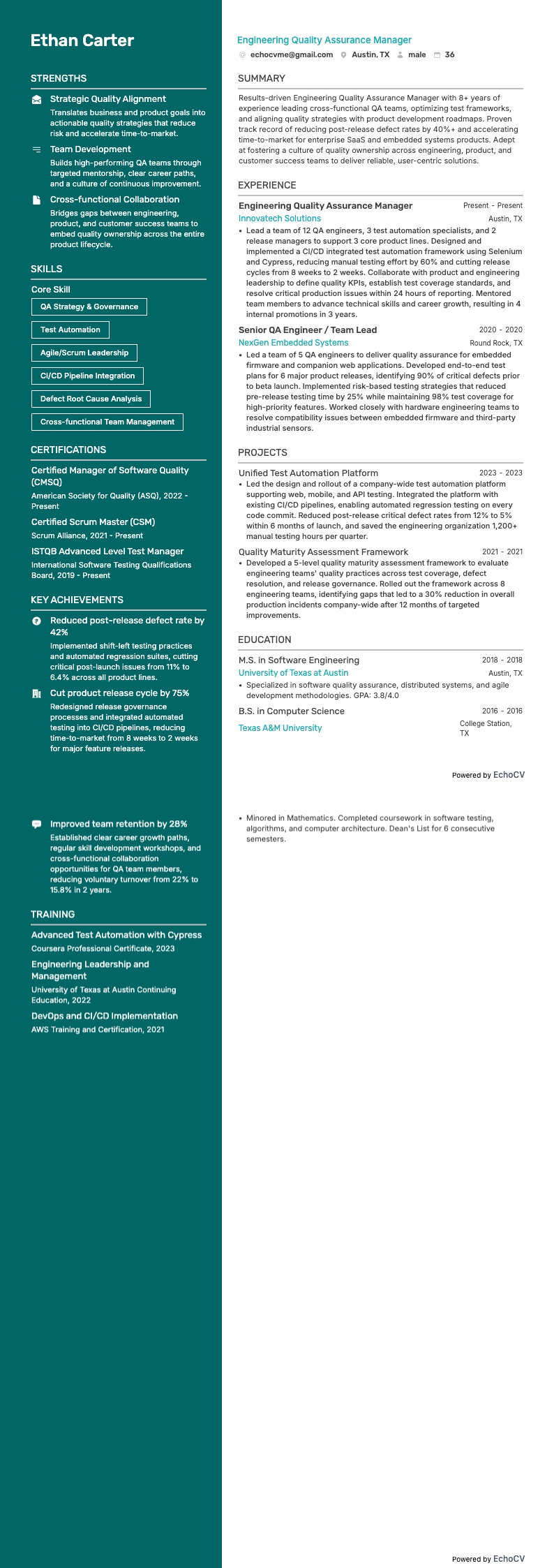 Engineering Quality Assurance Manager example resume