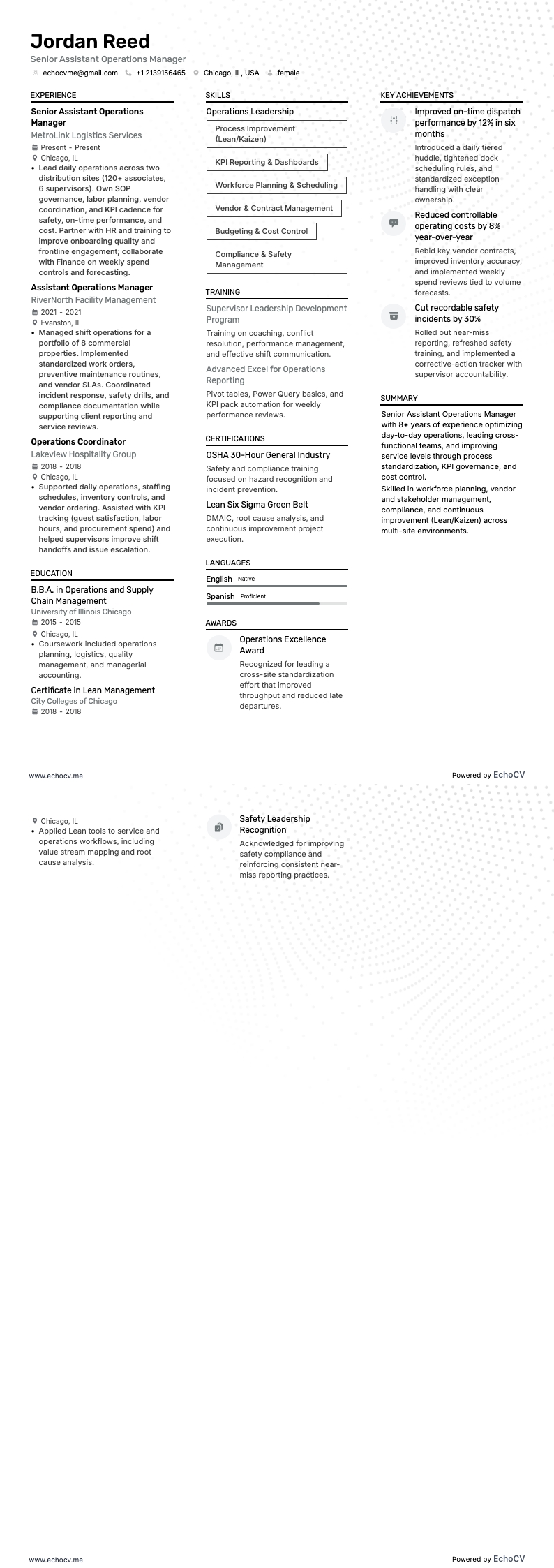 アシスタント・オペレーションズ・マネージャー resume example