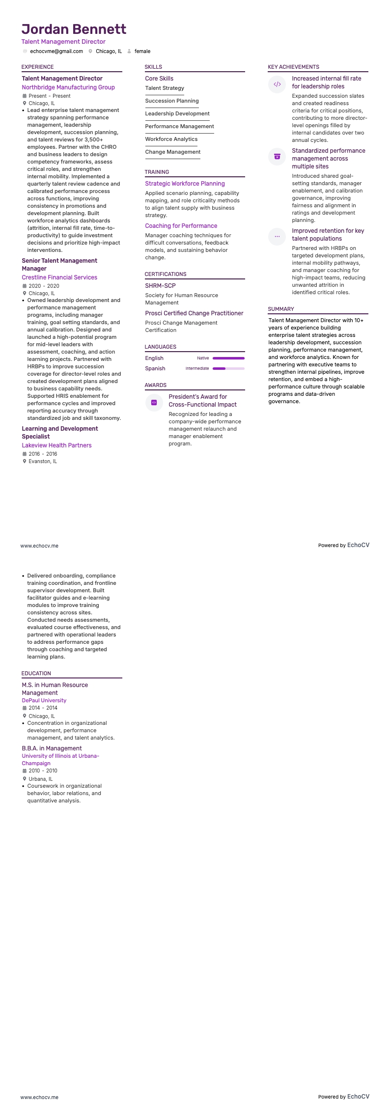 Diretor de Gestão de Talentos example resume