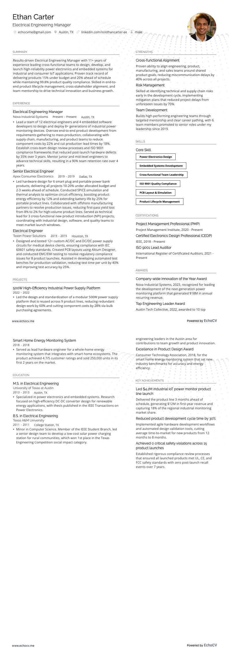 Electrical Engineering Manager example resume