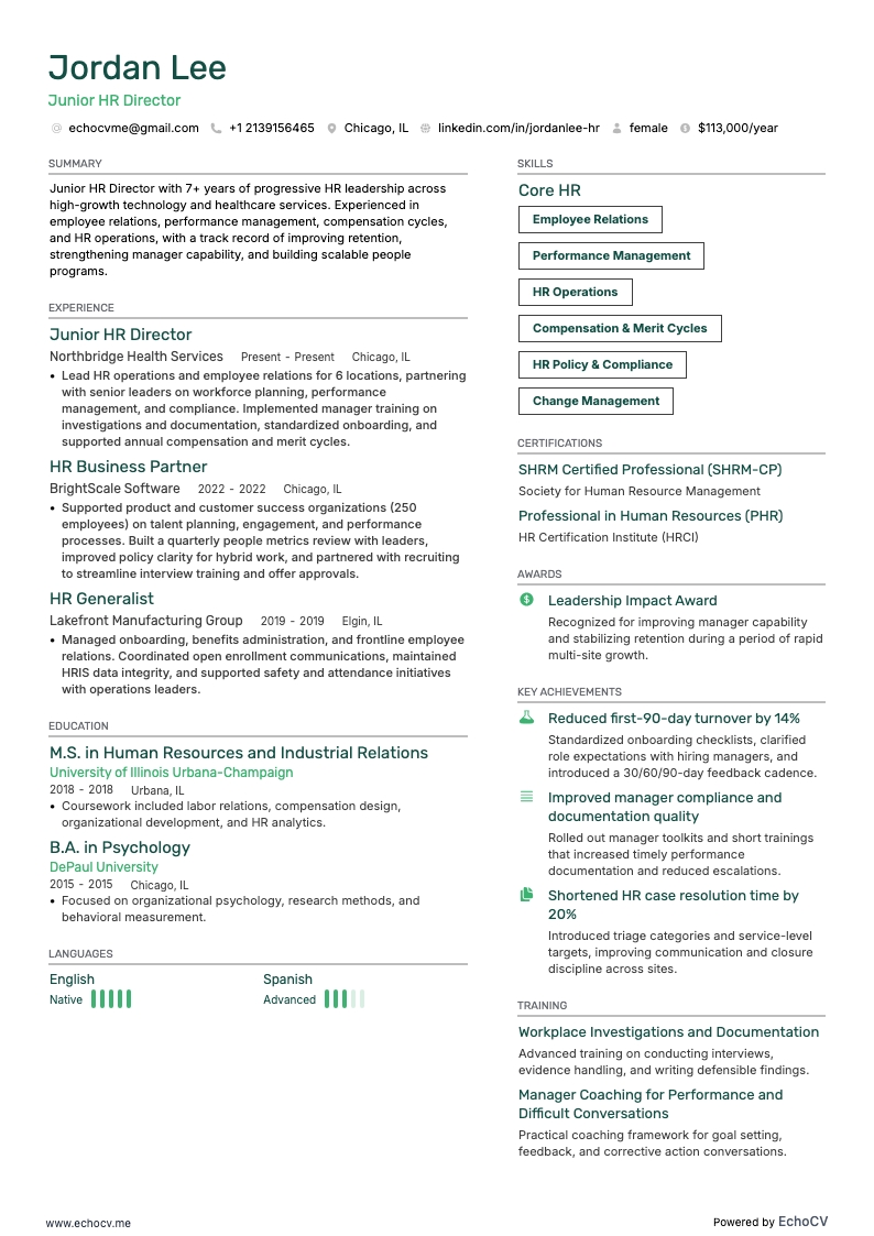 Diretor júnior de RH example resume