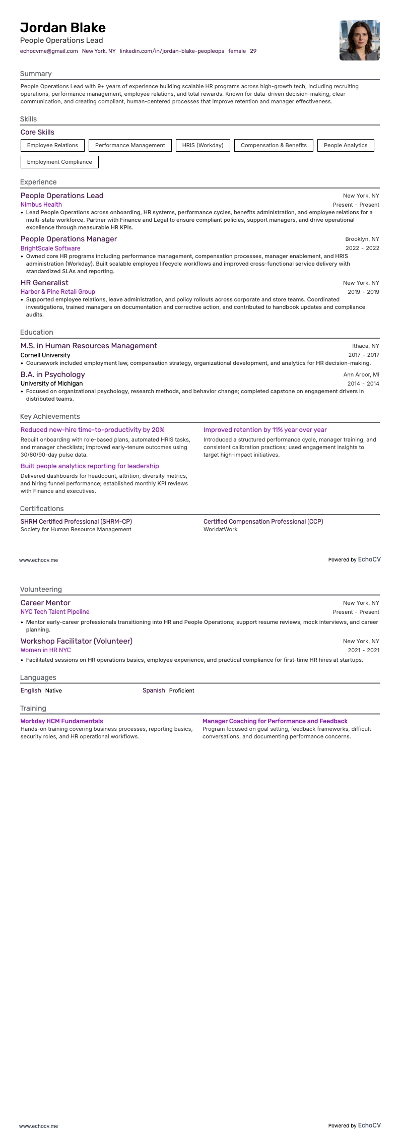 People Operations-chef example resume