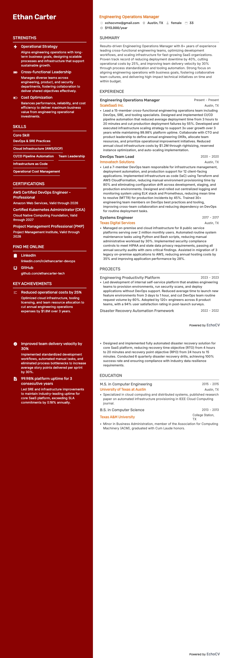 Engineering Operations Manager example resume