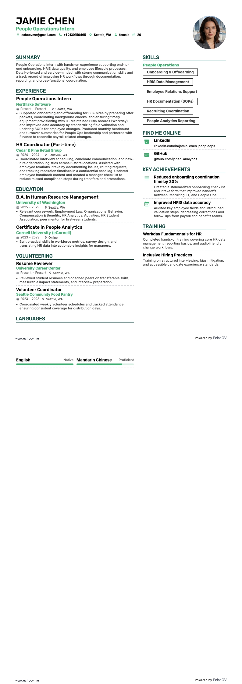 Praktikant inom People Operations example resume