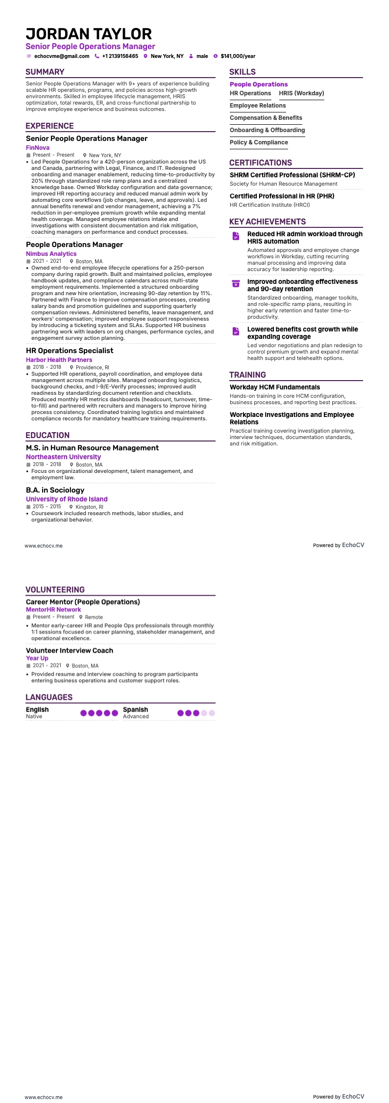 People Operations-chef resume example