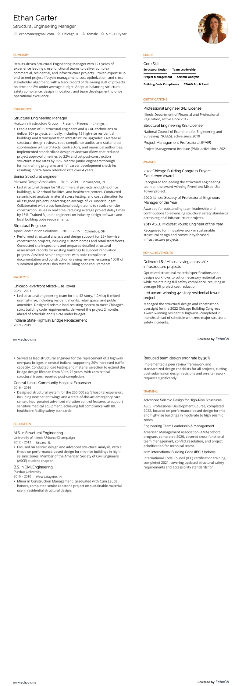 Structural Engineering Manager example resume