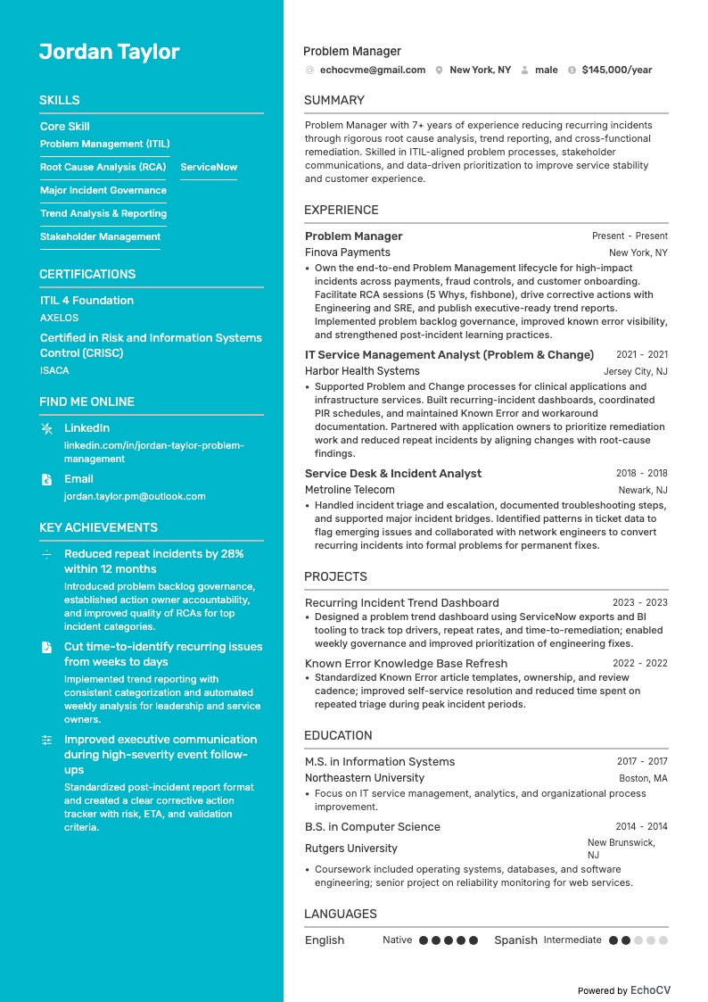 問題管理マネージャー resume example