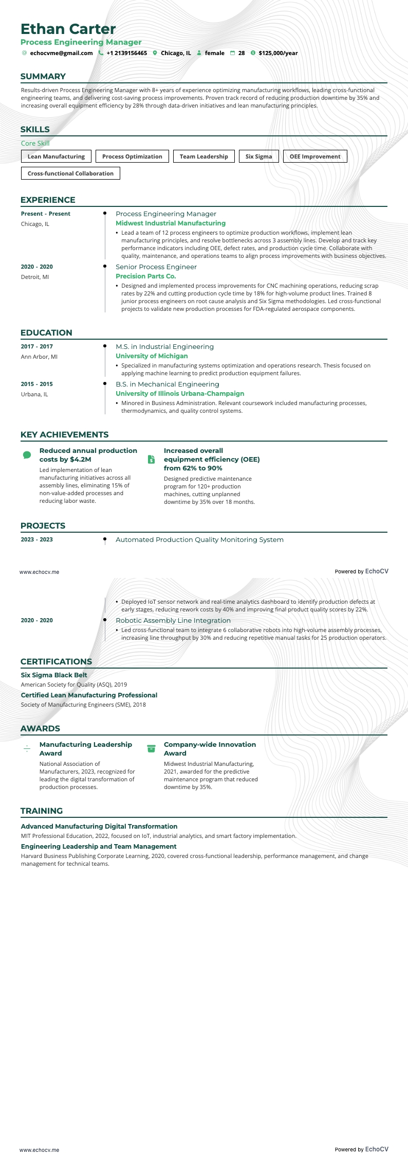 Process Engineering Manager example resume