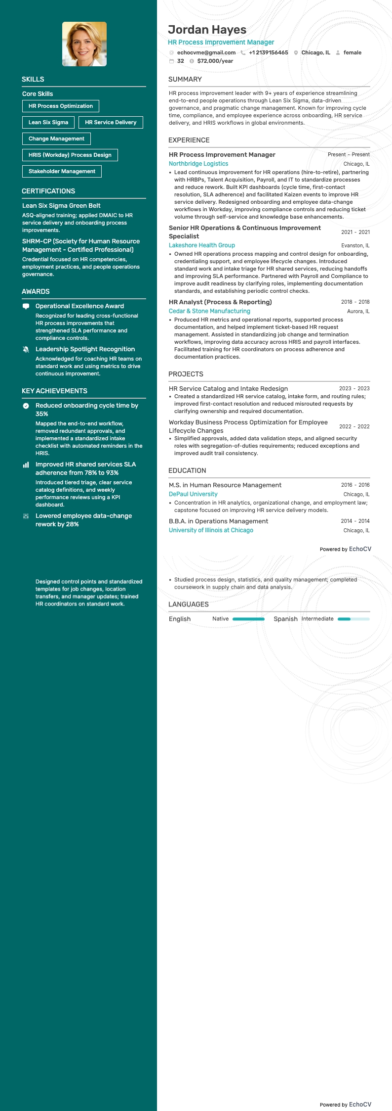 Manager procesverbetering HR example resume