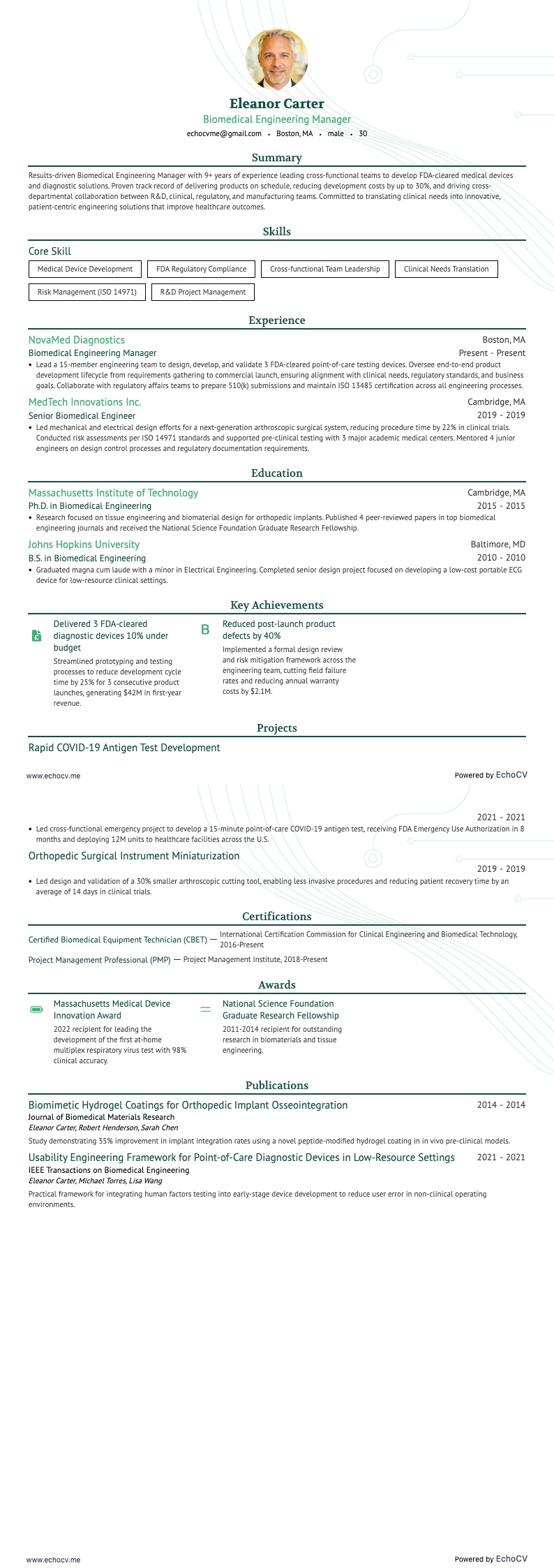Biomedical Engineering Manager example resume