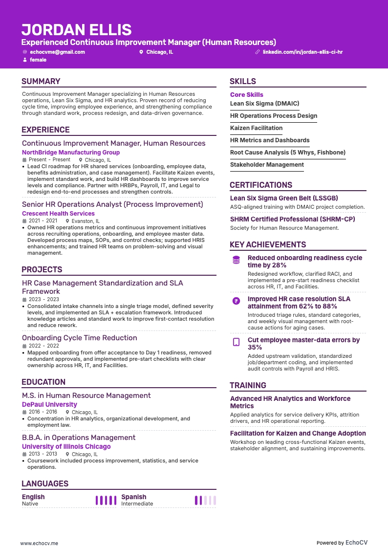 Ervaren manager continue verbetering (Human Resources) volledige voorbeeldweergave