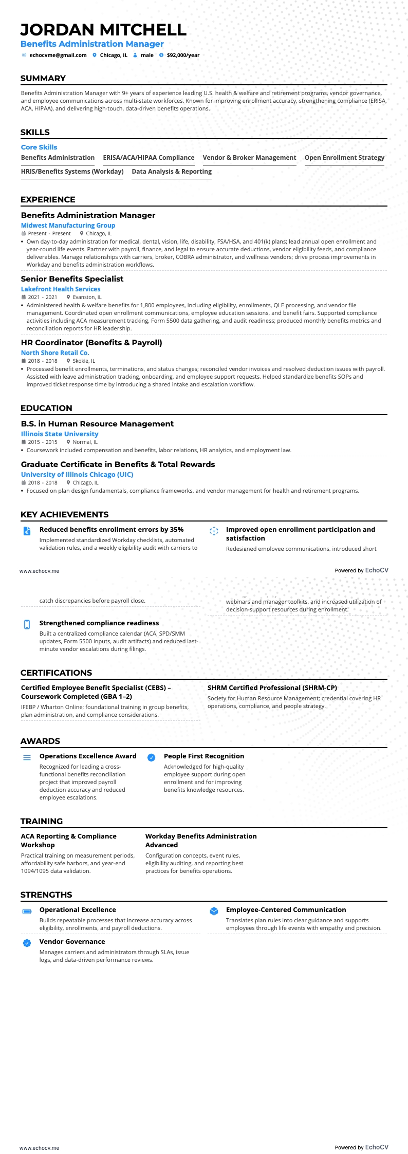 Benefits Administration Manager example resume