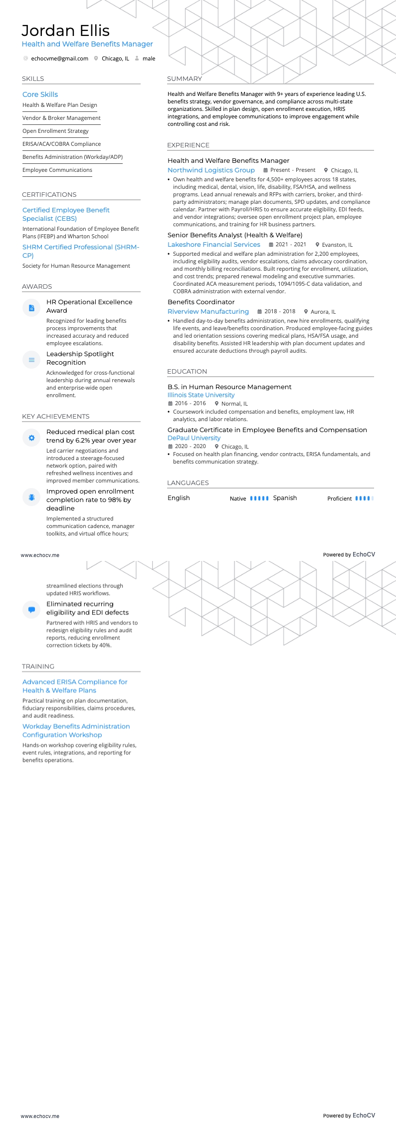 Health and Welfare Benefits Manager example resume