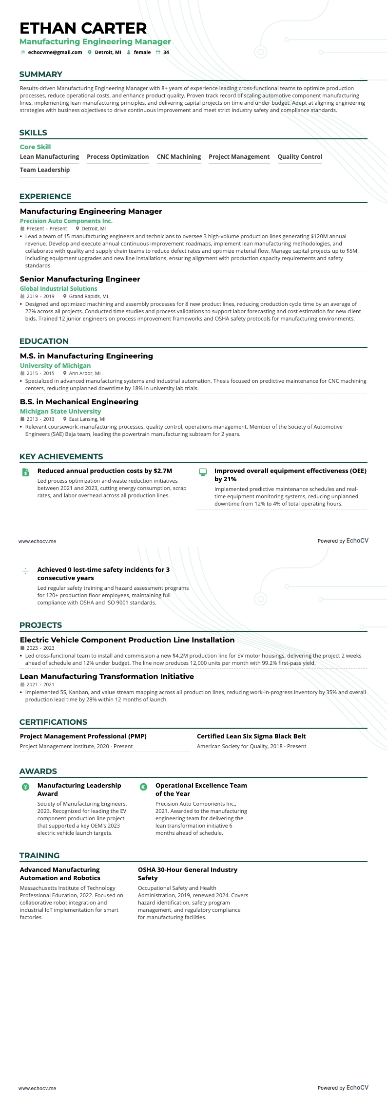 Manufacturing Engineering Manager example resume