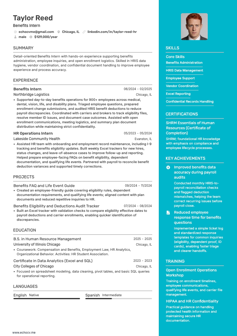 Benefits Intern example resume