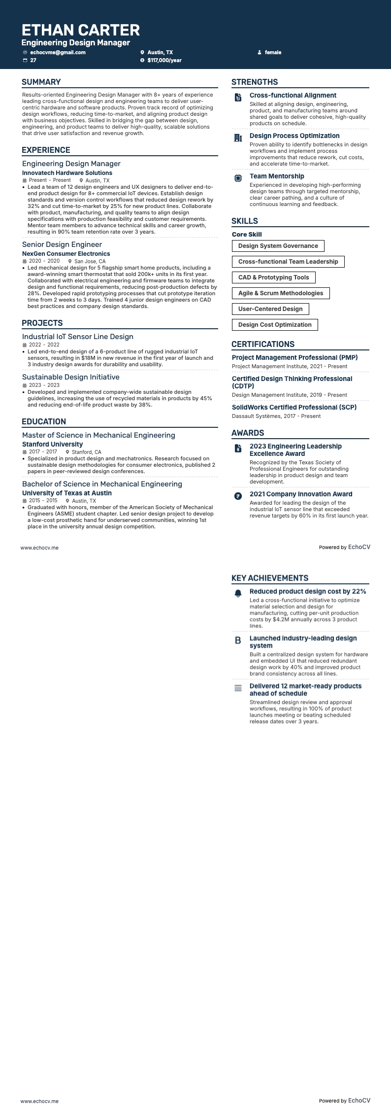 Engineering Design Manager example resume