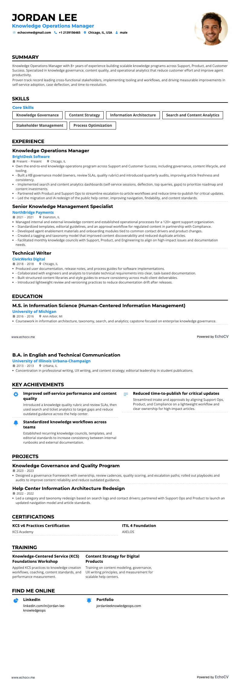 Gerente de conhecimento resume example