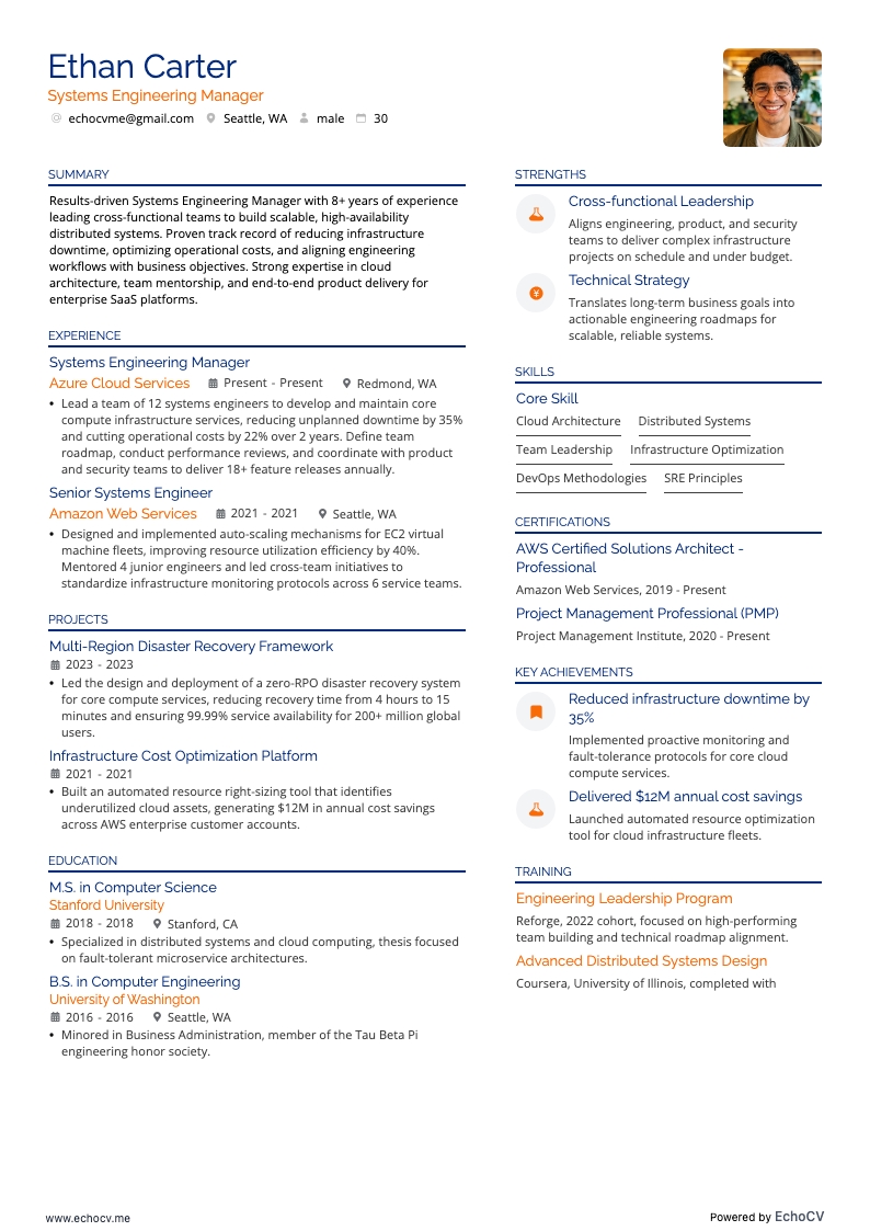 Systems Engineering Manager example resume