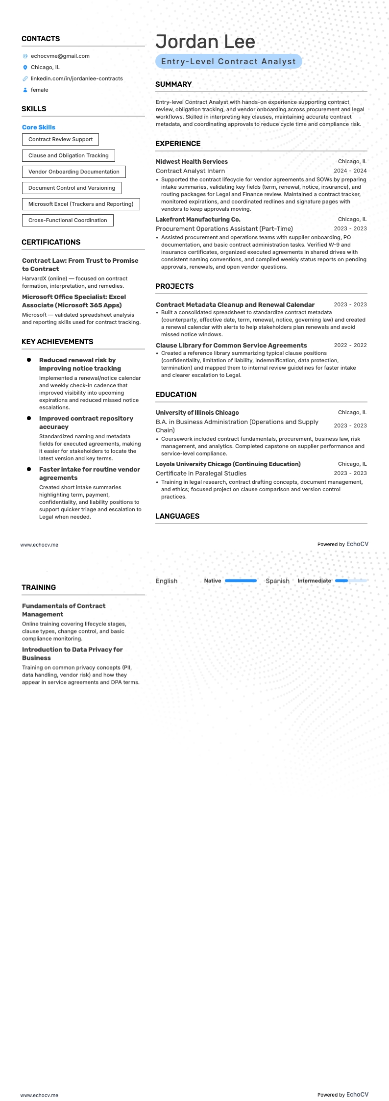 Entry-Level Contract Analyst example resume