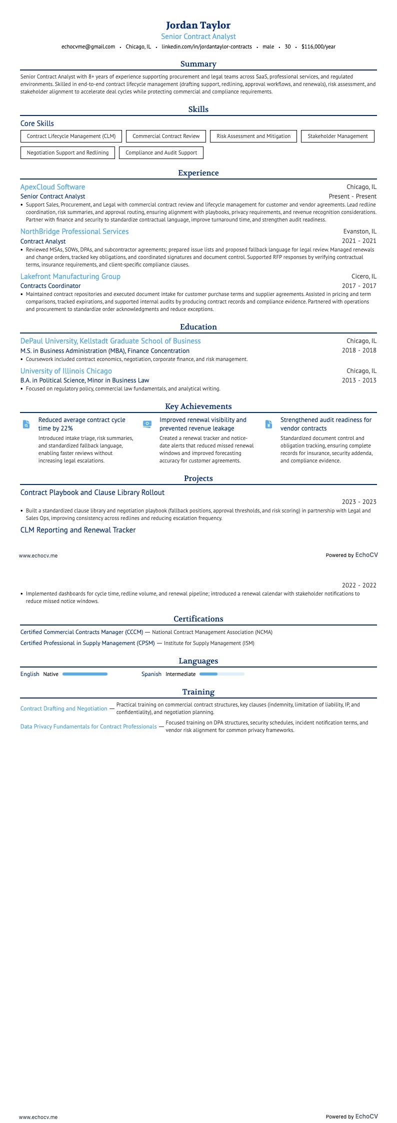 Senior Contract Analyst example resume