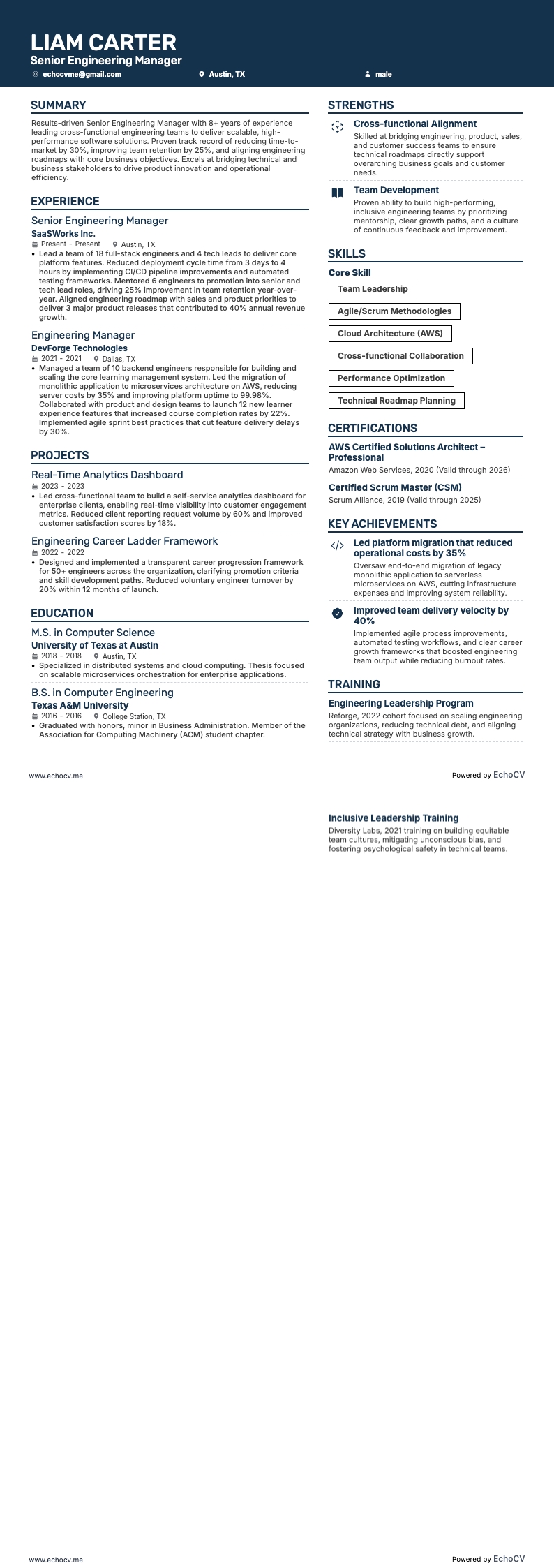 Senior Engineering Manager example resume